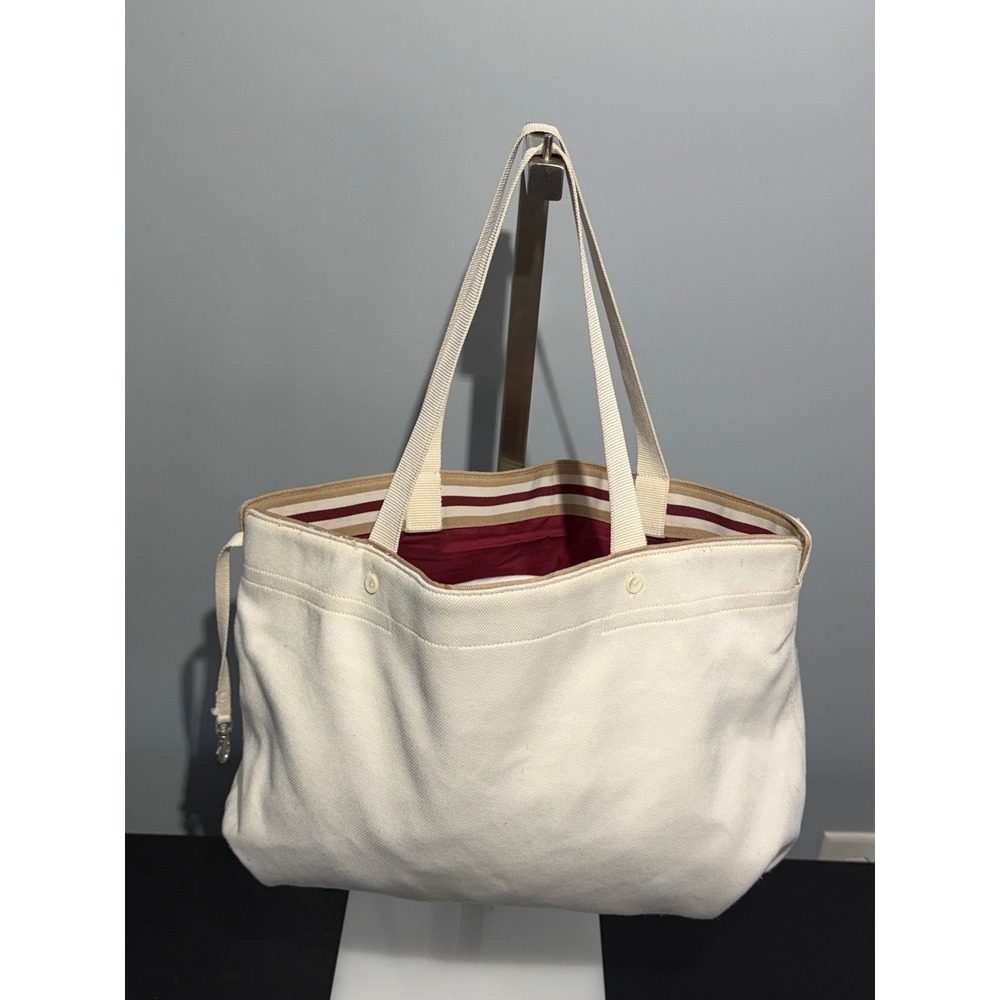 Lacoste Cream Canvas Tote Bag Burgundy Lining Striped Trim Large Shoulder Bag